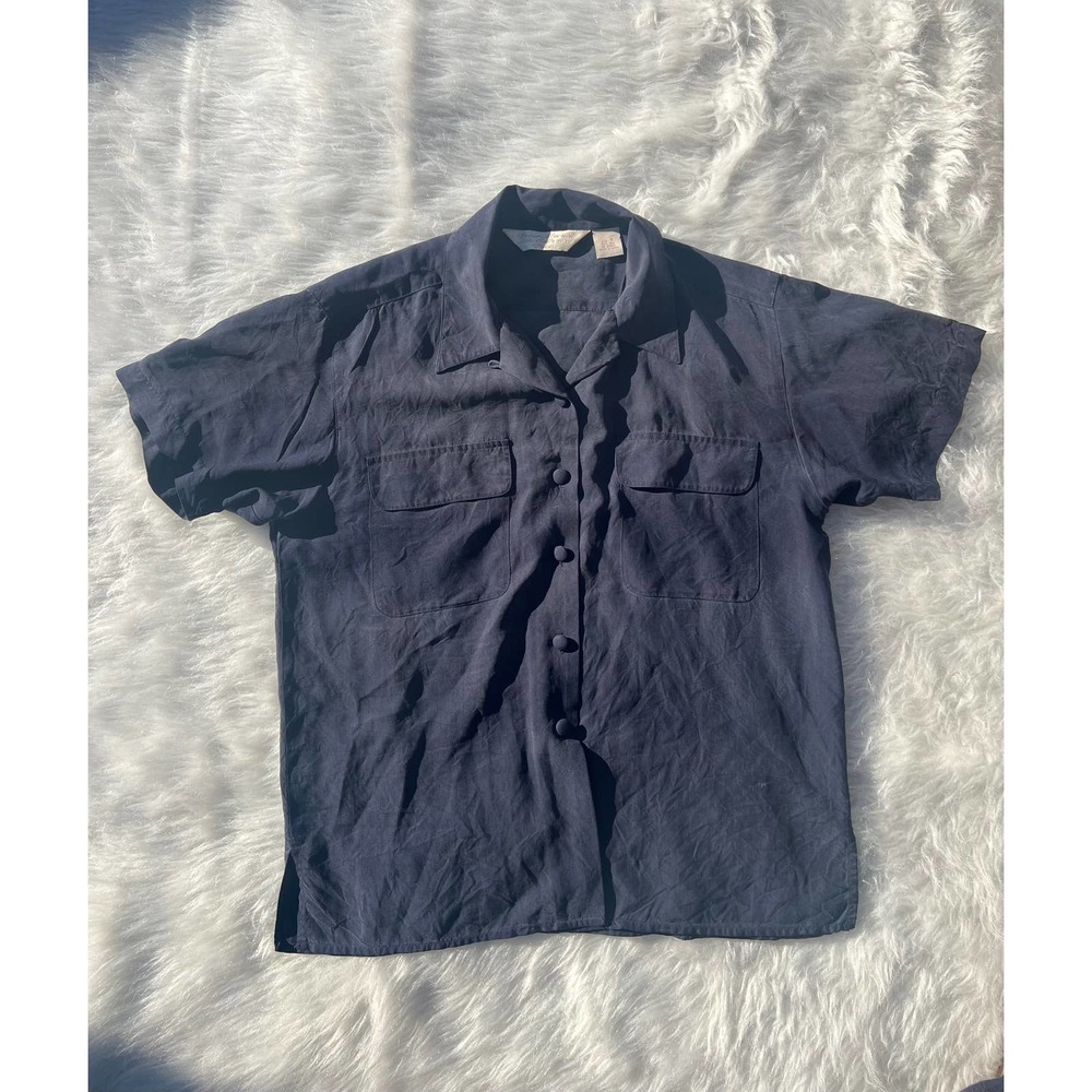 Peter Martin silk collection petite navy Collared button up size small